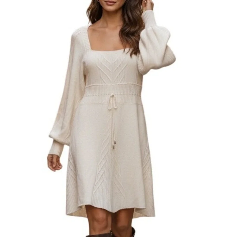 Free People Emmaline Knit‎ Sweater Mini Dress L  Cable Knit Cutout Back Coquette
